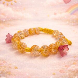 Kawaii Gold Crackle Bead Bracelet Pink Flower Adjustable Cute Aesthetic Jewelry